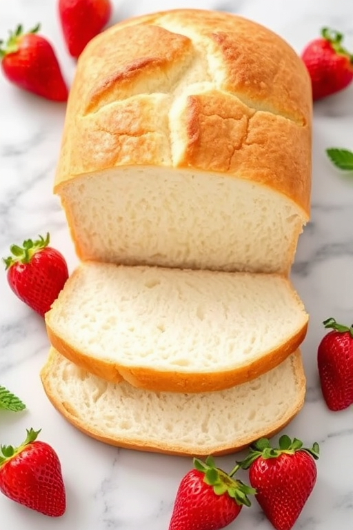 A freshly baked loaf of soft white bread sliced in half revealing a fluffy interior with a golden crust on top placed on a marble surface accompanied by fresh strawberries and mint leaves for garnish.