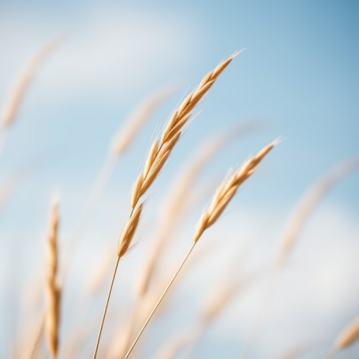 capture a close-up of golden grass swaying gently in the breeze against a blurred blue sky background, using a DSLR camera, 50mm lens, aperture f/2.8, shutter speed 1/200s, ISO 100, shallow depth of field for a soft bokeh effect