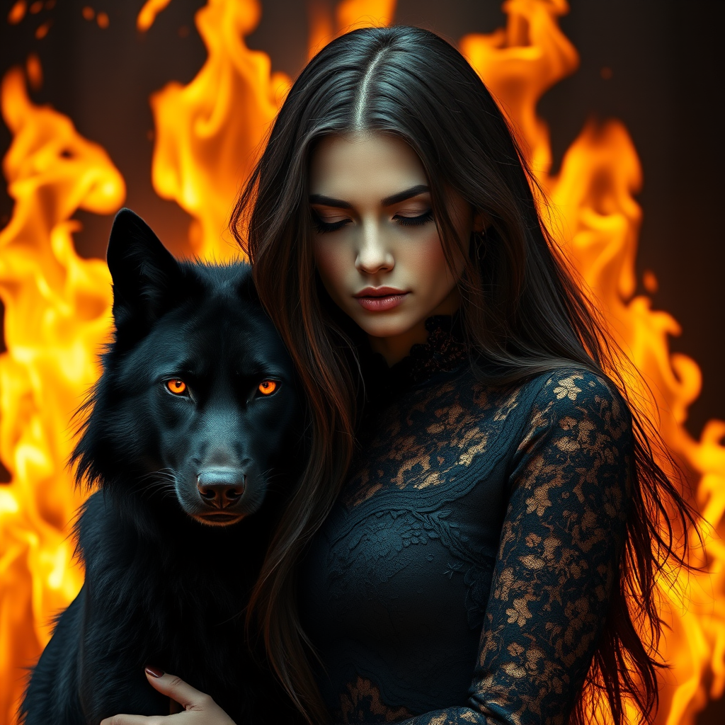 A woman with long dark hair, wearing a black lace dress that seamlessly blends into her skin with intricate floral patterns. She is in the foreground, with a black wolf beside her; its fur is midnight black, and it has glowing, intense, orange eyes that match hers. Her eyes are partially closed with burning embers above them, giving a fiery and mystical aura. The background is engulfed in tall, roaring flames, contributing to an overall dark and supernatural atmosphere. The colors are intense, predominantly black, fiery orange, and deep reds, with sharp contrast highlighting the mysterious and fierce theme. The flames are bright and dynamic, casting dramatic light and shadow, illuminating the woman and wolf while leaving parts in near darkness. The image evokes a sense of otherworldly power and connection between the woman and the wolf.