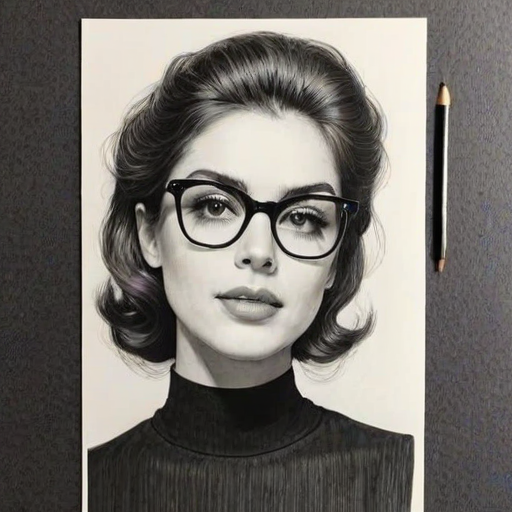 Enchanting Amelia Gray Hamlin, pencil sketch, portrait of Fascinating woman 1960s in glasses, hair style beatnik, outline, clear lines, fine lines, 8k