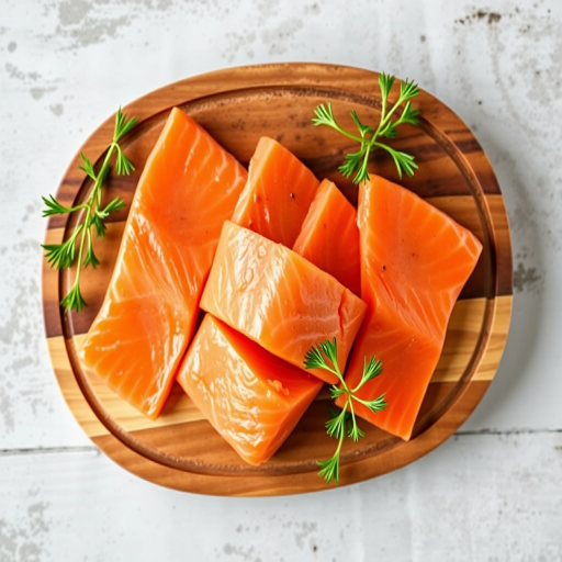 Create a vibrant illustration of three slices of salmon on a wooden board garnished with fresh herbs, using a DSLR camera, f/2.8 aperture, 50mm lens, top-down view, and soft natural lighting to enhance color saturation and detail.