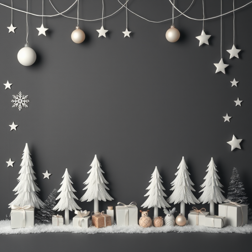 Create a festive holiday background featuring a border of white Christmas trees, ornaments, stars, and gifts on a dark grey backdrop, captured with a Canon EOS R5, 50mm lens, f/1.8 aperture, ISO 100, and a soft focus style for a warm, inviting feel.