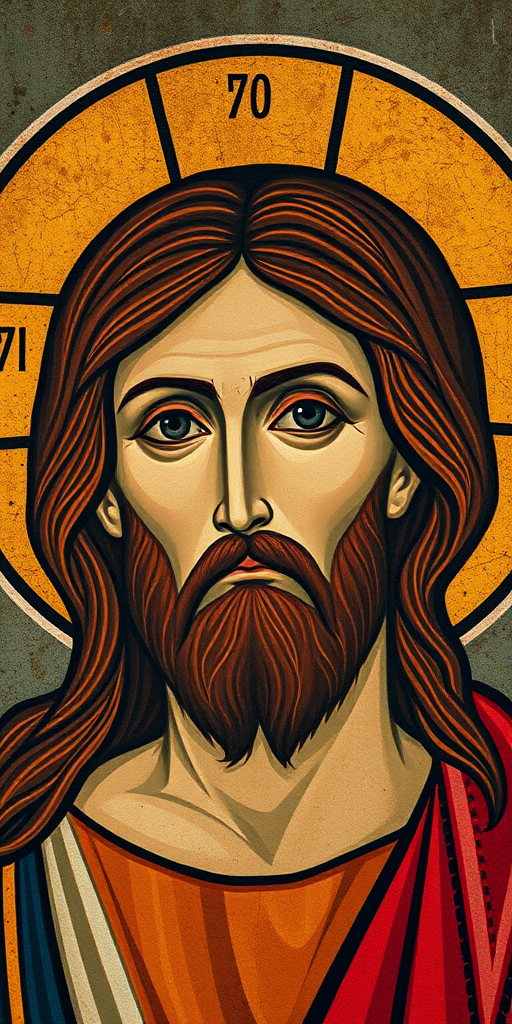 Regenerate an image of a Byzantine icon depicting Jesus Christ, using a DSLR camera with a 50mm lens, aperture f/1.8, ISO 100, natural lighting, and a slight vignette effect for depth.
