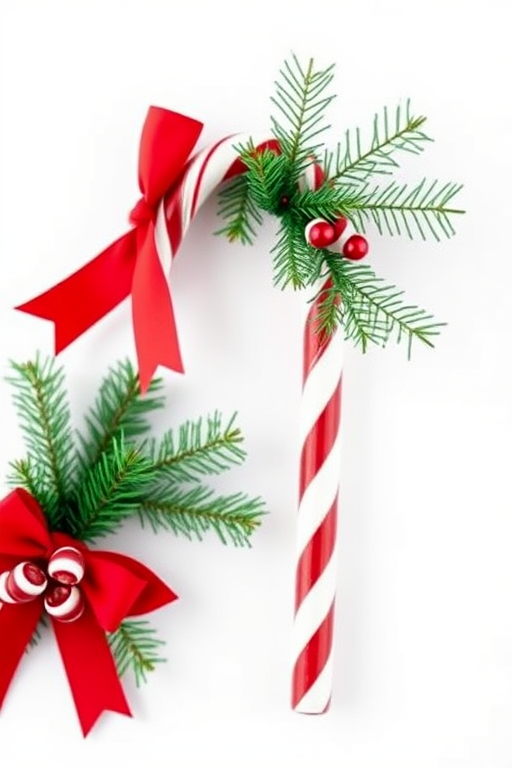 create a high-quality image of a Christmas candy cane adorned with festive greenery and a red bow against a white background, using a Canon EOS R5 camera with an aperture of f/2.8, a shutter speed of 1/125 sec, ISO 100, in macro view to enhance details, and utilize soft lighting for a warm holiday feel