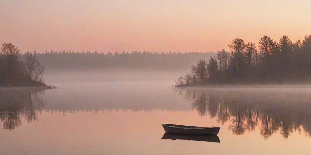 Soft-focus image of a misty lake at sunrise, with soft pink and orange hues reflecting off the still water, a rowboat gently bobbing, and distant trees barely visible through the mist.