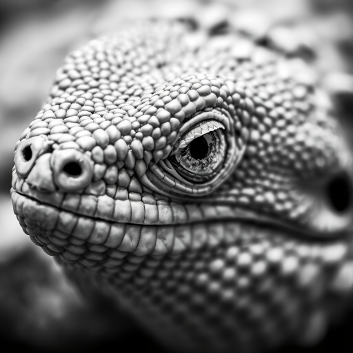 macro shot of a reptile's head with intricate scales and focused eye, black and white, aperture f/2.8, shutter speed 1/200s, ISO 100, close-up view, DSLR camera, natural lighting, high detail and contrast