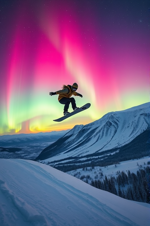 Snowboarder in mid-air against a backdrop of vibrant auroras in a wintry mountain landscape, captured with a Canon EOS R5, 24mm lens, aperture f/2.8, shutter speed 1/1000s, ISO 200, wide-angle view, high dynamic range, vivid colors.