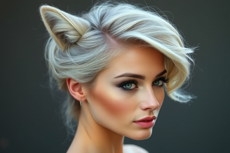 Graceful silver fox showcasing a sophisticated French twist with loose, face-framing tendrils and subtle highlights