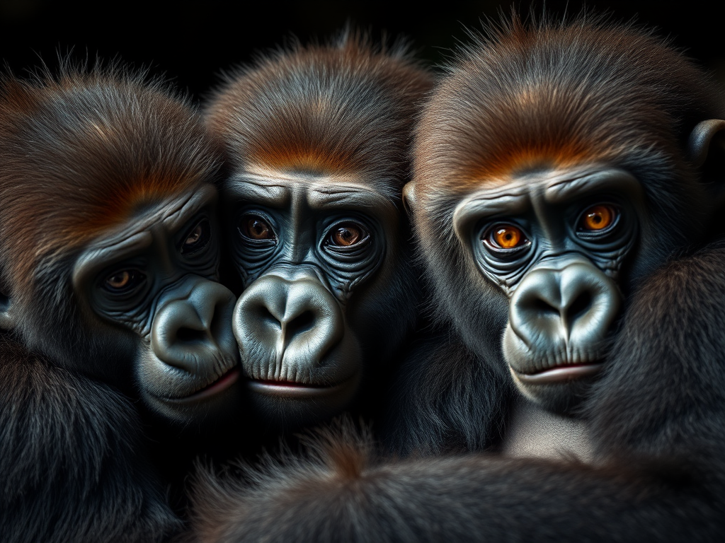Capture an intimate portrait of a family of gorillas with soft, natural lighting, 85mm lens, f/4 aperture, ISO 200, depicting their expressive eyes and detailed fur textures against a dark background, with a slight bokeh effect for depth.