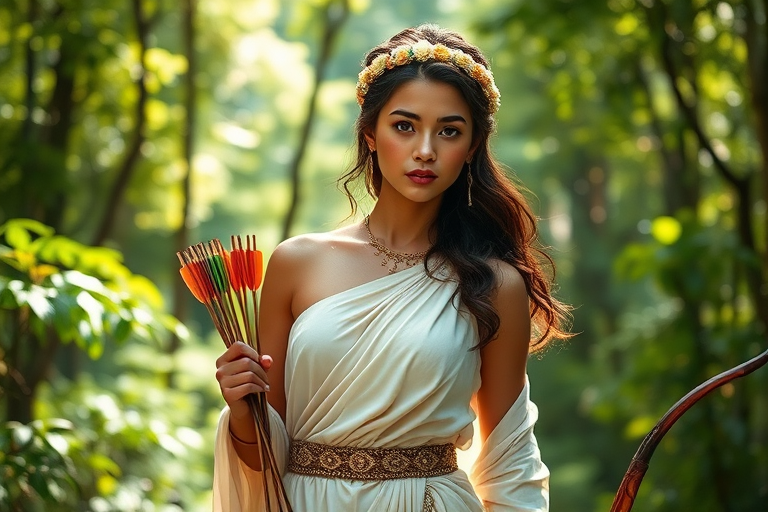 Create a portrait of a goddess-like Pacific Islander girl figure in a tranquil, forested environment. She has an elegant appearance with long, wavy hair styled in an updo and adorned with a delicate, floral headband. She wears a flowing, ancient Greek-inspired gown in a soft, pale color, featuring a one-shoulder design and draped fabric that accentuates her graceful form. The outfit includes a decorative belt with ornate gold detailing, and she holds a bow in her hand, with a quiver of arrows slung over her shoulder. The background depicts lush greenery, with sunlight filtering through the trees, casting a gentle, ethereal light on the scene. Her expression is calm and contemplative, embodying a sense of wisdom and serenity.