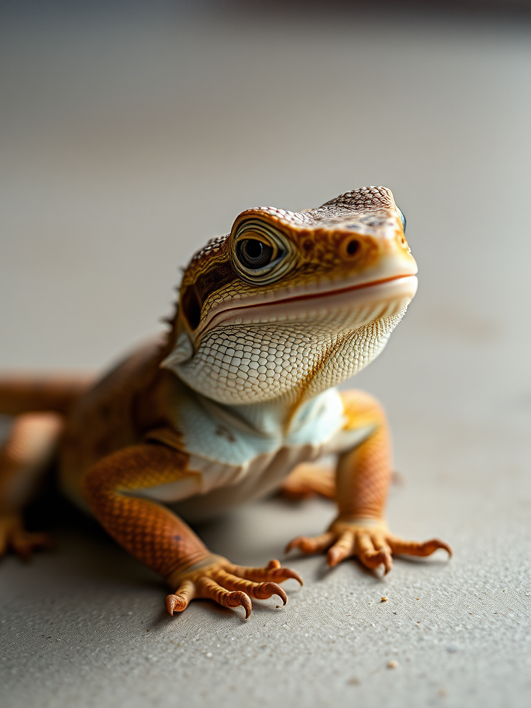 A highly detailed close-up of a friendly-looking lizard sitting on a smooth surface, shot with a DSLR camera at f/2.8, ISO 100, shutter speed 1/200s, natural lighting, with a shallow depth of field to blur the background and emphasize the lizard's textured skin and expressive eyes.