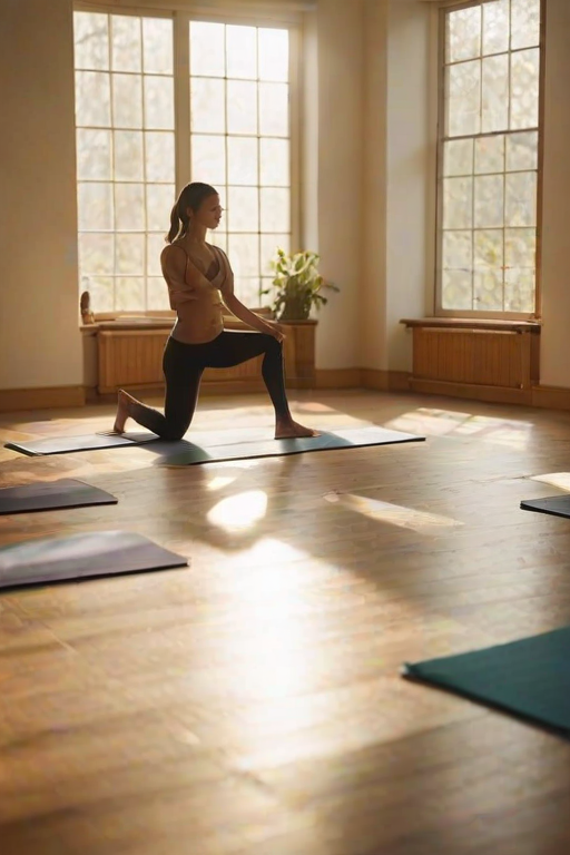 Softly lit morning scene of a yoga class in a sunlit studio, participants in mid-pose, soft focus on a woman at the front of the class, sunlight filtering through large windows, wooden floors reflecting the light, a peaceful, calm atmosphere filling the room.