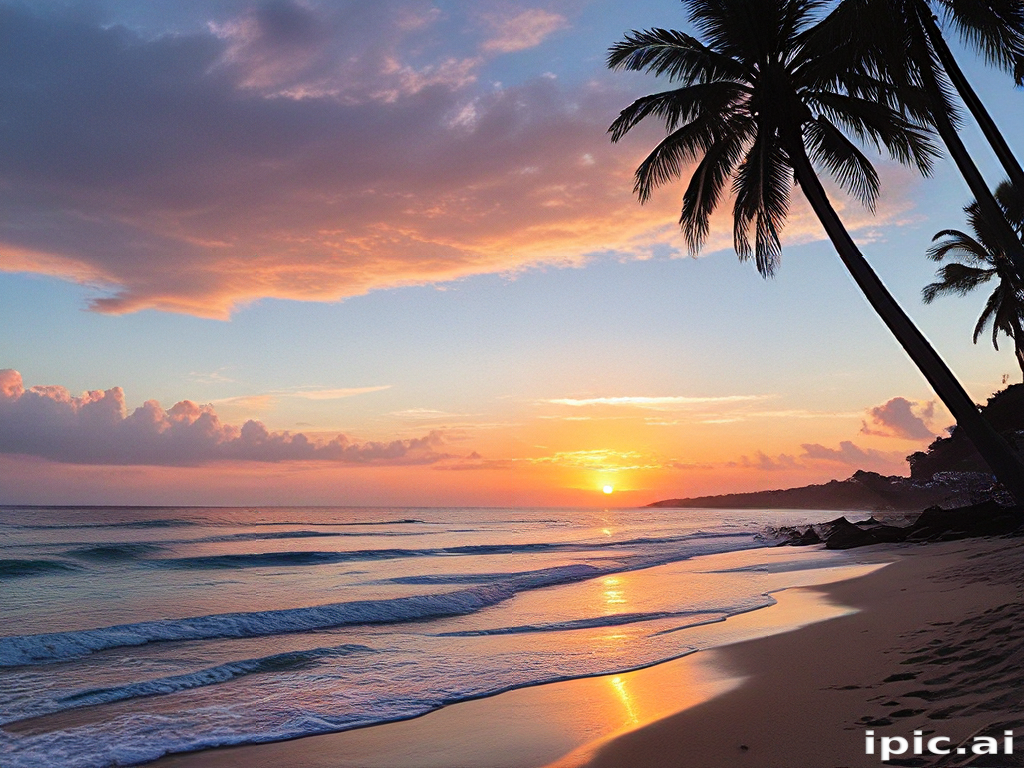 Serene Sunset Over Tranquil Beach with Palm Trees Silhouetted Against Sky
