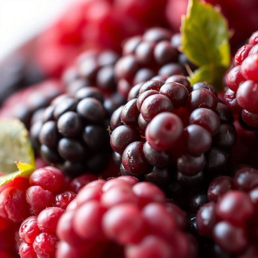 Generate a highly detailed close-up image of fresh raspberries, including one black raspberry, with a soft-focus background, using a Canon EOS R5, f/2.8 aperture, 50mm lens, in natural light for enhanced texture and color vibrancy.