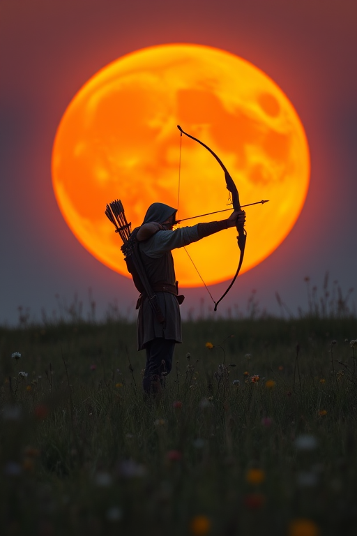 Create an image of a solitary archer standing in a field at dusk, with a large orange moon in the background, surrounded by wildflowers; use a full-frame camera, f/2.8 aperture, 1/125s shutter speed, ISO 400, with a low angle perspective and a soft focus to enhance the dreamy atmosphere.