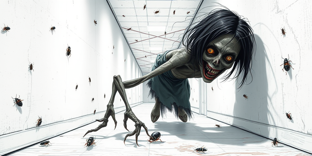 a crooked female with long arms and a creepy smile is crawling along a long white corridor and you can also see cockroaches in it there is a creepy atmosphere creepy art style
