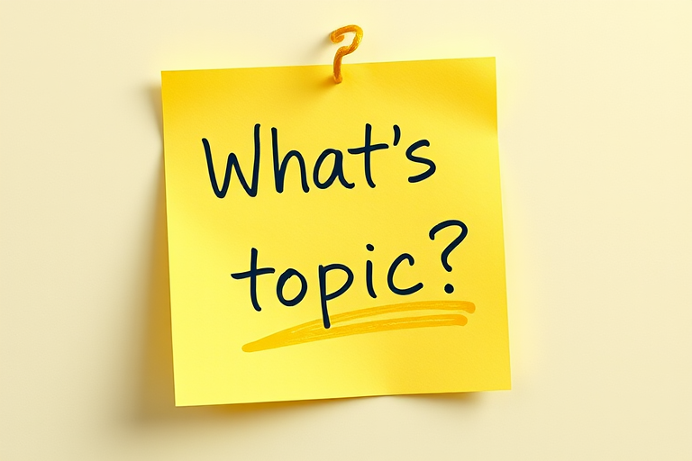 Yellow post-it note, hand written in Yellow pen text "What's the topic??", 3d, hd, hyper realistic,