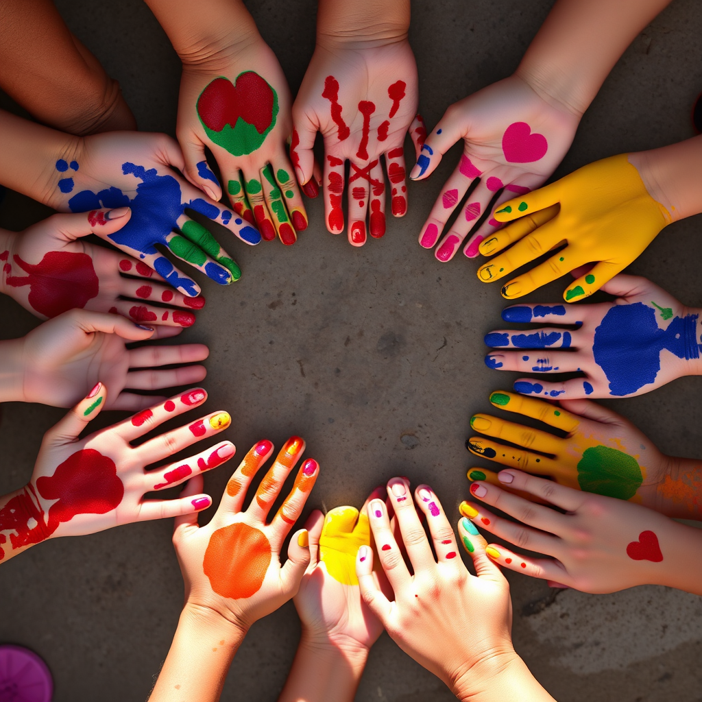 Create a vibrant image of colorful handprints arranged in a circular pattern, captured from a top-down view with a DSLR camera at f/2.8 aperture, ISO 100, 50mm lens, and soft natural lighting to enhance colors and details.