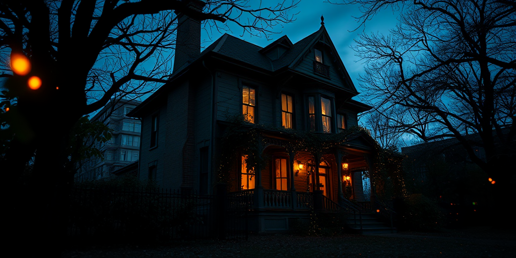 An eerie Victorian house at dusk with overgrown vines and glowing fireflies, captured with a Canon EOS R5, 24mm lens, f/2.8, ISO 200, long exposure to enhance details in shadows and light, in a low-angle view for dramatic effect.