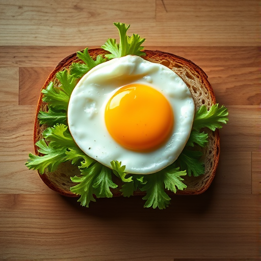 Create a detailed, high-resolution image of a slice of bread topped with fresh lettuce and a perfectly cooked sunny-side-up egg, using a Canon EOS R5 camera with a 50mm f/1.8 lens, shooting at f/2.8, ISO 100, and natural light from a soft window source, in a top-down view.