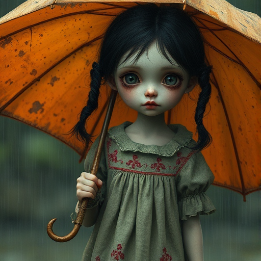 An eerie, weird little girl with dark hair in thin pigtails, wearing a smock dress, standing in the rain, holding a dirty orange umbrella, a small, odd creature beside her. In a surreal style inspired by Nicoletta Ceccoli and Brian Froud. Dark fantasy themes