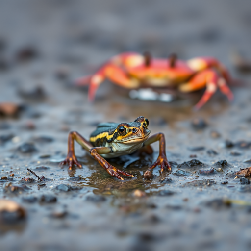 A close-up shot of a mudskipper on wet mud with a crab in the background, taken with a DSLR camera at f/4, ISO 200, 1/250s, 85mm lens, shallow depth of field, natural lighting.