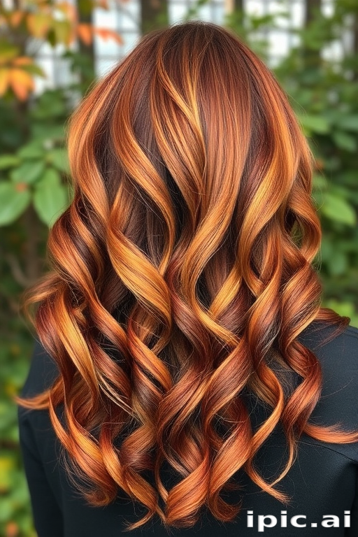 Earthy autumn leaves ombre starting with rich auburn roots transitioning to warm golden tips, styled in voluminous curls for a lush forest-inspired look