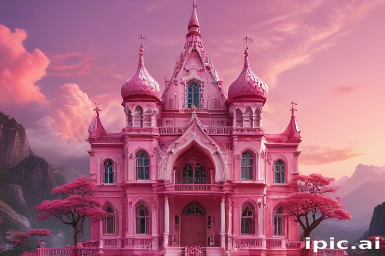 A Majestic Pink Castle Surrounded by Enchanted Trees and Mountains.