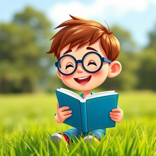 Create an image of a cartoon boy with glasses happily reading a blue book while standing on green grass, captured in a bright sunny day with a DSLR camera at f/4, ISO 100, 50mm lens, and a vibrant color style.