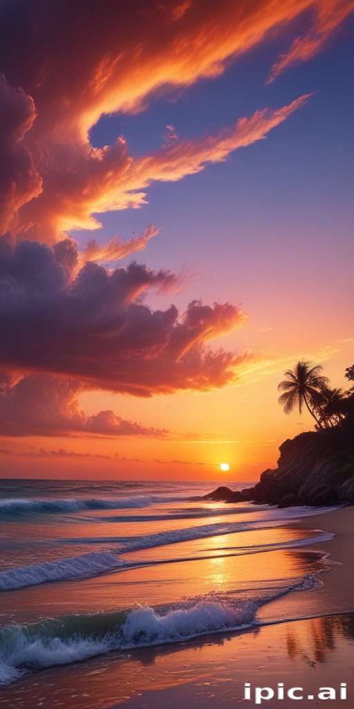 Stunning Sunset Over Tranquil Beach with Vibrant Clouds and Palm Trees