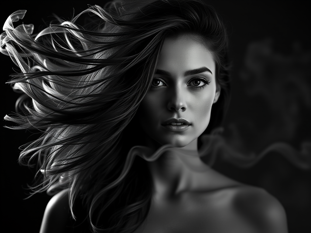 Create a high-contrast black and white portrait of a woman with flowing hair and dramatic smoke swirling around her face, captured with a Canon EOS R5, 85mm lens, f/1.4 aperture, ISO 100, 1/200 sec shutter speed, in a softbox studio setting with a shallow depth of field.
