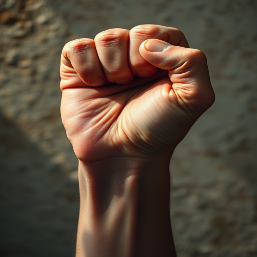 create a highly detailed image of a raised fist, emphasizing texture and lighting, shot with a Canon EOS R5, 85mm lens, f/2.8 aperture, ISO 100, and soft diffused natural lighting, captured in a macro view to highlight the skin's texture against a textured background.