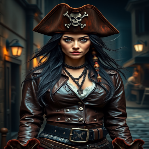 Create a portrait of a fierce female pirate. She wears a leather tricorn hat adorned with a skull and crossbones emblem, and her long, dark hair flows around her face. Her outfit consists of a richly detailed leather jacket, a corset, and multiple layers of belts and accessories, giving her a formidable and stylish appearance. She stands confidently in a dimly lit, historic port town, with a backdrop of weathered buildings and cobblestone streets, capturing the adventurous spirit of a pirate.