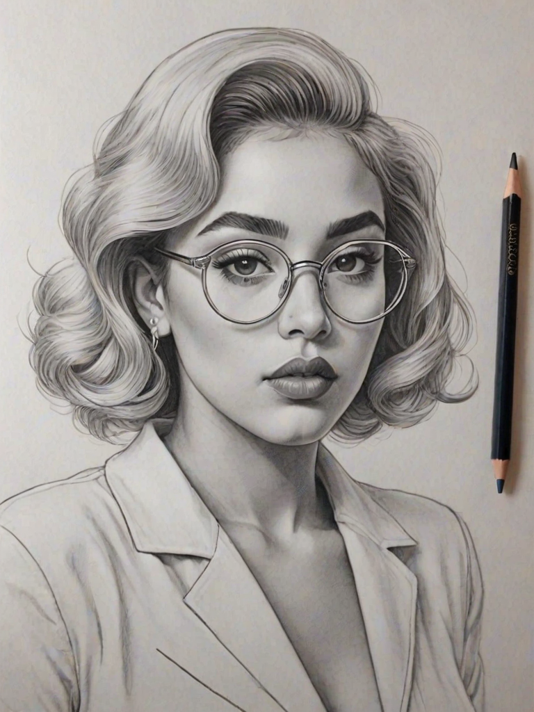 Alluring Kali Uchis, pencil sketch, portrait of Graceful woman 1931s in glasses, hair style beatnik, outline, clear lines, fine lines, 8k