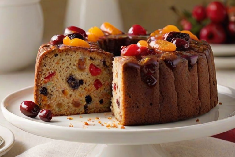 Create an image of a delicious, moist fruitcake displayed on a white plate. The cake should have a rich, golden-brown exterior with a glossy glaze on top. Show a slice cut from the cake to reveal its interior, filled with vibrant pieces of dried fruits like cherries, apricots, and raisins. The background should be simple and elegant to emphasize the cake.