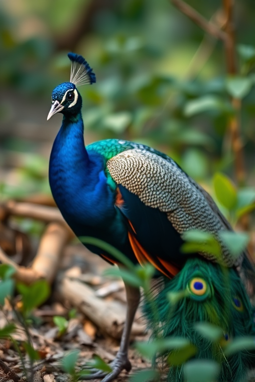 Capture a majestic peacock in a natural setting with soft focus, use a Canon EOS R5 with an aperture of f/2.8, ISO 100, shutter speed 1/200s, 50mm lens, shoot at eye level to emphasize details and vibrant colors, incorporating a shallow depth of field for an artistic effect.