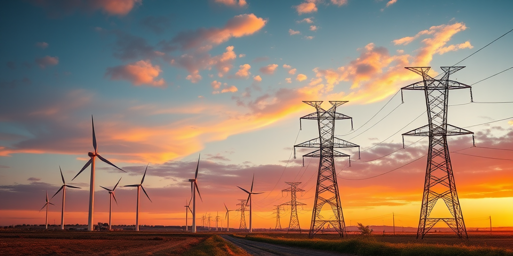landscape of wind turbines and electricity pylons in a rural setting during golden hour, vibrant colors, ISO 200, f/5.6, 1/250 sec, 50mm lens, DSLR camera, panoramic view for enhanced depth and detail