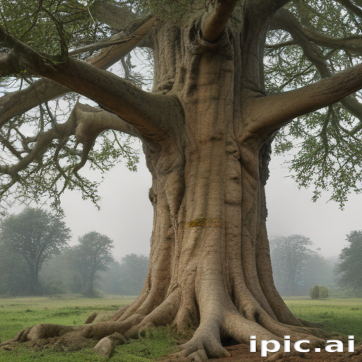 Majestic Ancient Tree with Expansive Roots Standing Tall in Misty ...