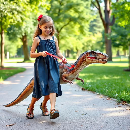 12 year old girl in a dress walking her pet Velociraptor on a leash through a park