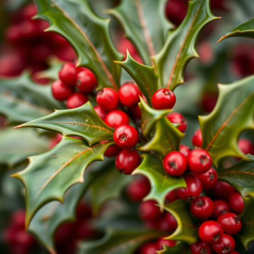 highly detailed close-up of holly berries and leaves, f/2.8 aperture, shutter speed 1/200 sec, ISO 100, natural light, DSLR camera, shallow depth of field, vibrant colors and sharp focus on the berries