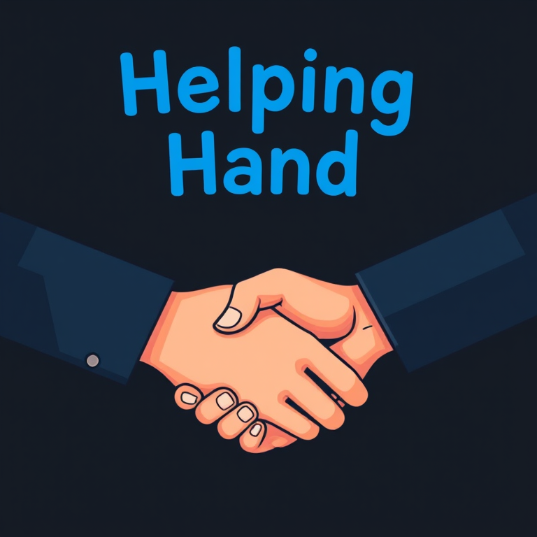 Create a digital illustration of two hands shaking, representing support and cooperation, with a dark background and bold blue text above saying "Helping Hand", using a DSLR camera with a 50mm lens, aperture f/2.8, ISO 100, shot in portrait view for enhanced detail.