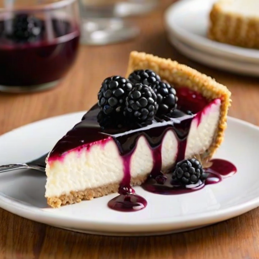 Create an image of a slice of cheesecake with a creamy white filling and a graham cracker crust. The top is covered with a glossy blackberry sauce and garnished with fresh blackberries. The setting should be bright and inviting, with the cheesecake displayed on a white plate and a fork beside it.