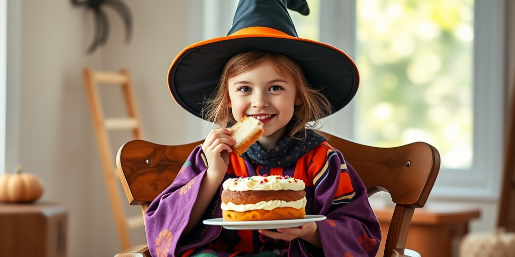 A young witch in a colorful robe and a pointed hat sitting on a wooden chair, enjoying a slice of cake, bright and cheerful colors, high resolution, 50mm lens, f/1.8 aperture, soft focus background, well-lit natural light.