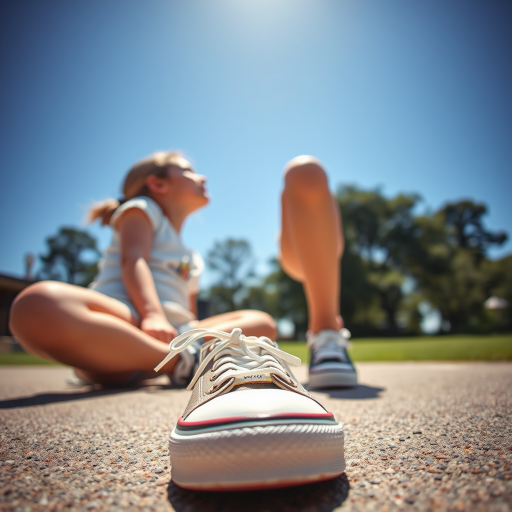 Generate an ultra-realistic, highly detailed, high-definition photograph. It's a photo of a girl sitting on the floor. She's looking at the horizon. The photo is taken from the bottom up, at ground level. The girl's sneakers are in the foreground, in the center of the scene. The girl is wearing light clothes, a t-shirt and short shorts. The sky is blue. Bright environment. The background is a blurred image of a park.