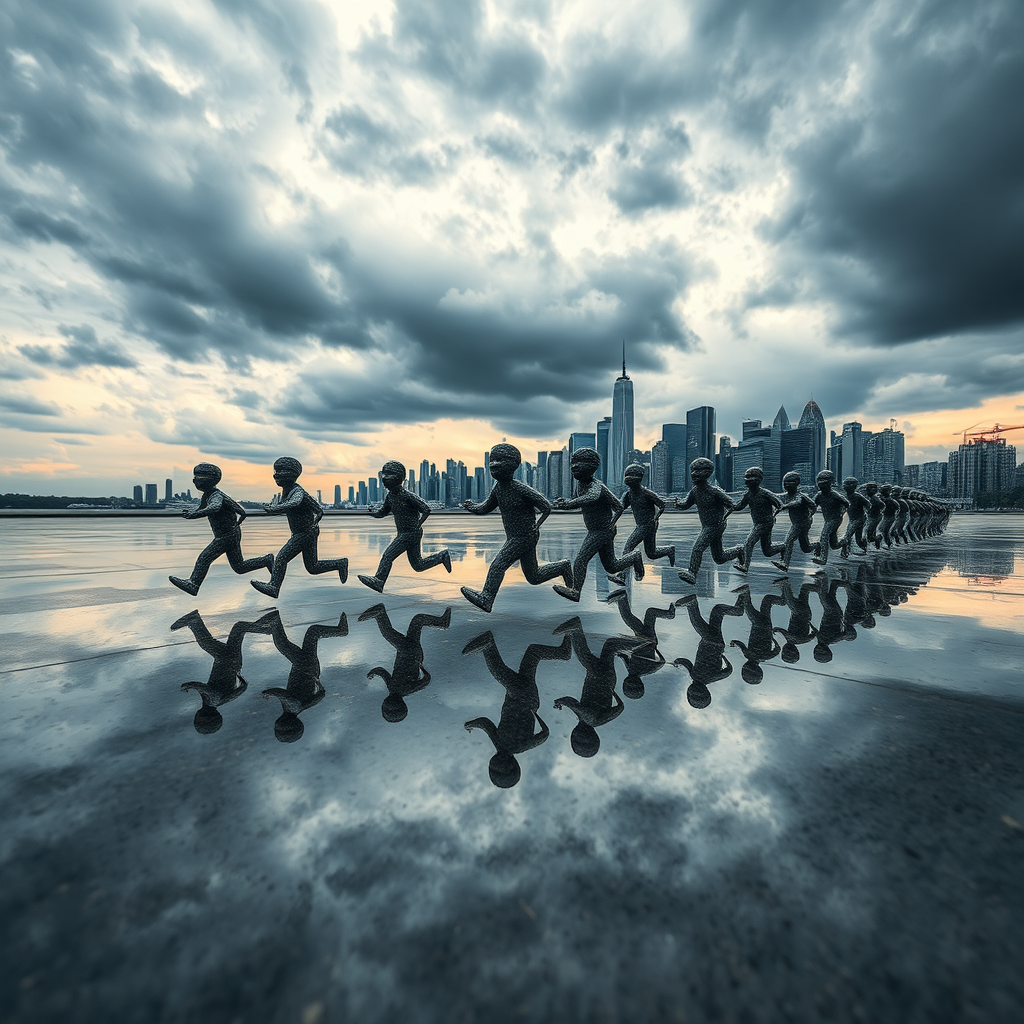 Create a surreal scene of multiple stone figurines running across a reflective surface with a city skyline in the background under a dramatic cloudy sky, captured with a DSLR camera at 24mm, f/8, ISO 200, in landscape orientation using a high dynamic range style.