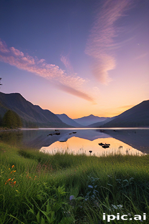 Tranquil Sunset Over Serene Lake Surrounded by Majestic Mountains and ...