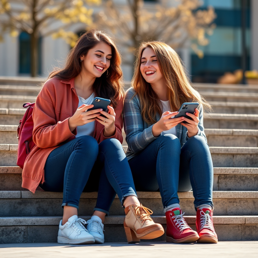 Create an outdoor scene of two young women casually sitting on steps, laughing and using their phones, with bright sunlight, shallow depth of field, DSLR camera, 50mm lens, f/2.8 aperture, 1/500s shutter speed, and ISO 100 for sharp focus and vibrant colors.