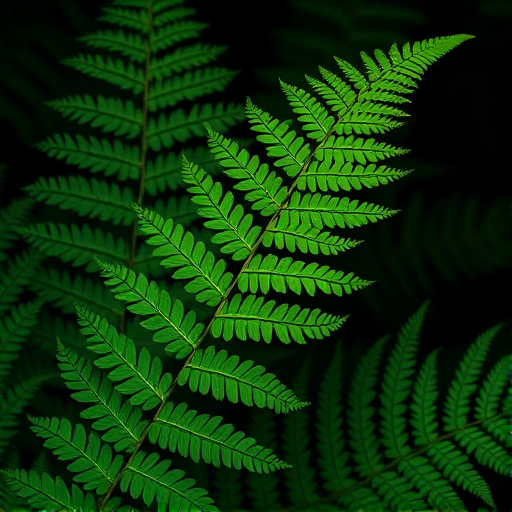 a close-up of lush green fern leaves against a dark background