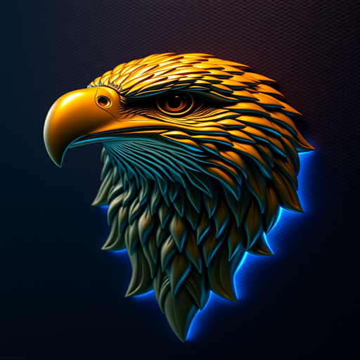 Create a high-resolution image of a detailed golden eagle head sculpture against a dark textured background with blue neon accents, using a DSLR camera with a 50mm lens, aperture set to f/1.8, ISO 100, and a soft-focused lighting style to enhance the 3D effect.