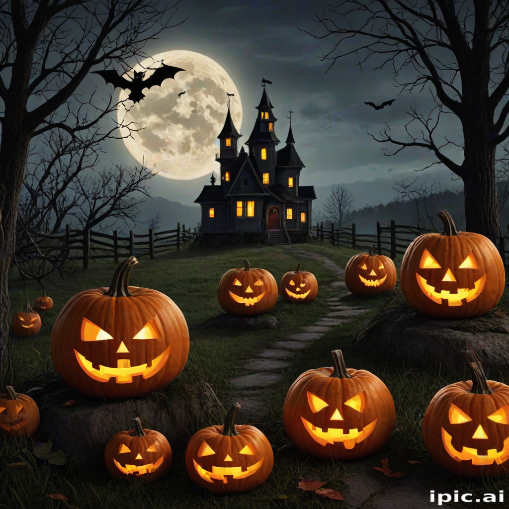 Spooky Halloween Night with Jack-o'-Lanterns and a Haunted Castle